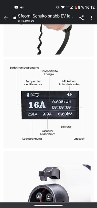 Elektronisk display av en EV-laddare som visar laddningsdata och en del av laddkabeln och kontakten.