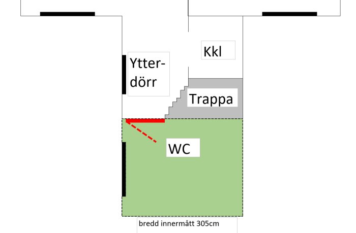 Ritning av en planlösning med markerat WC-område, trappa, ytterdörr och måttangivelser.