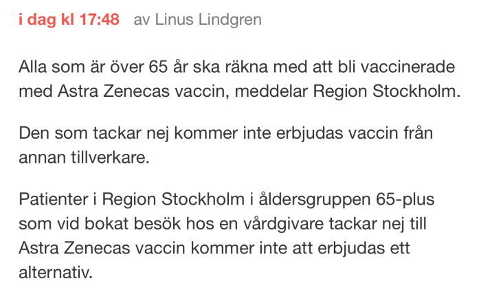 Skärmdump av diskussionsforum med text om Region Stockholms vaccineringspolicy för Astra Zenecas vaccin.
