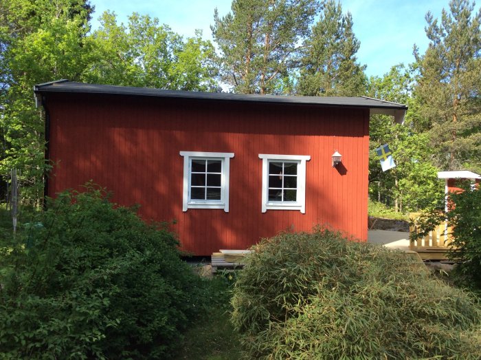 Rött trähus med vita fönster och svensk flagga, omgivet av grönska under sommar.