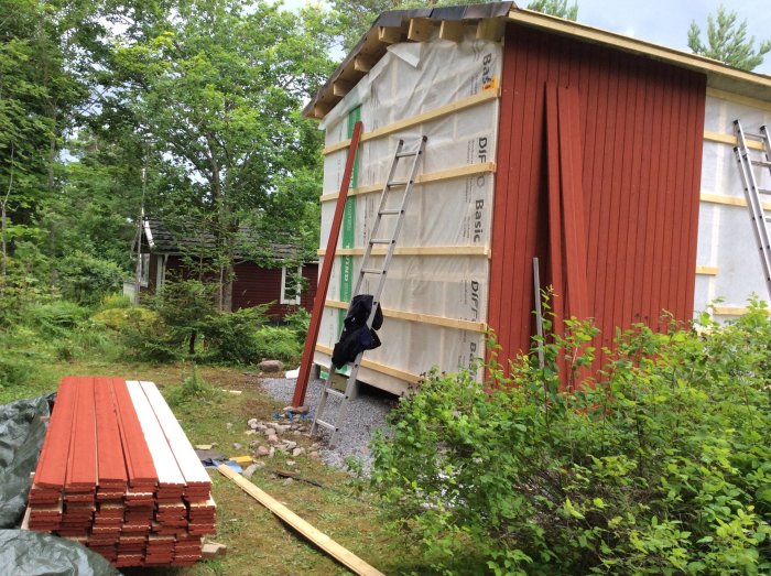 Uppförande av ett gästhus med rödfärgad fasad och byggmaterial staplat, i en grönskande trädgård.