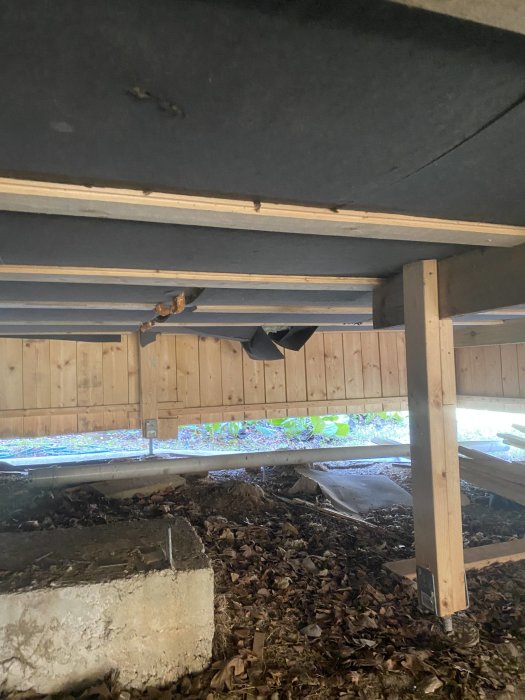 Vy under trägolv med balkar och stolpar i torpargrund, synligt isoleringsskikt och grundmur.