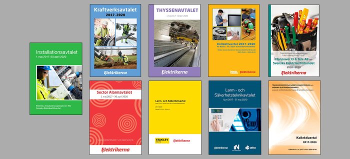 Collage av omslag till kollektivavtal med fokus på elbranschen, bland annat för Elektrikerförbundet.