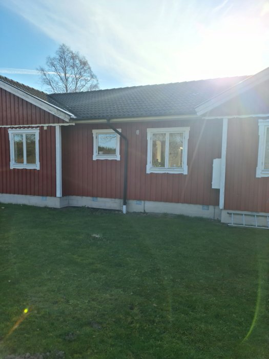 Rödfärgat trähus med vita hörn och fönsterkarmar, delvis i skugga, gräsmatta framför.