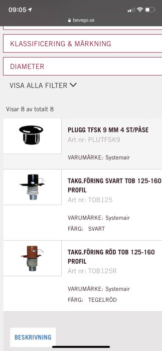 Olika takgenomföringar, en svart och en röd, för takfläktar med specifikationer, visade på en webbshopssida.