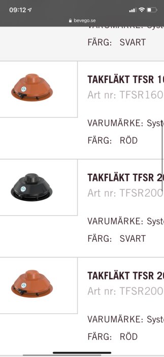 Röda och svarta takfläktar med rund design som visar modell och artikelnummer.