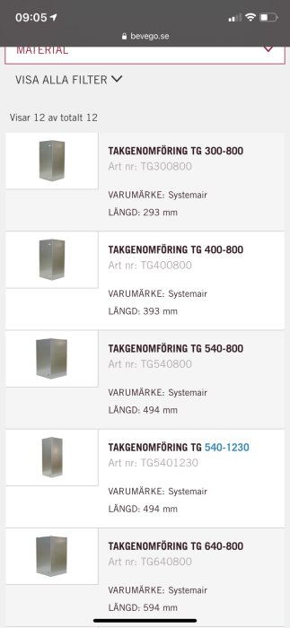 Flera olika storlekar av fyrkantiga takgenomföringar från Systemair listade på en webbsida.