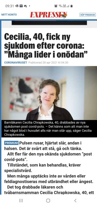 Skärmdump av nyhetsartikel med porträtt på Cecilia, 40, som har post-covid sjukdom.