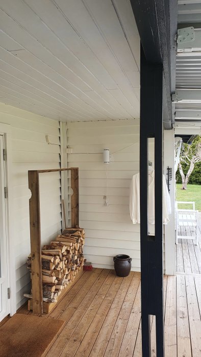 Bild av en veranda med trägolv och vitmålade väggar, en balk längs taket, vedstapel och en svart pelare.