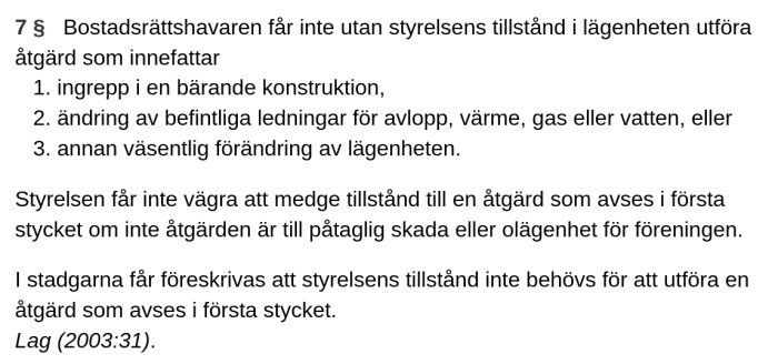 Svensk lagtext ur bostadsrättslagen 7:7 om förbud mot ändring utan styrelsens tillstånd.