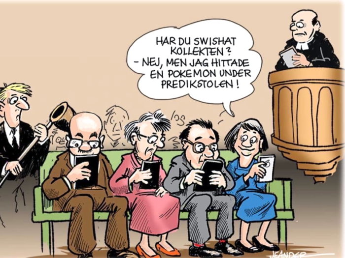 Karikatyr av människor i kyrkbänk med mobiltelefoner, präst i predikstol, dialog om Swish och Pokémon.