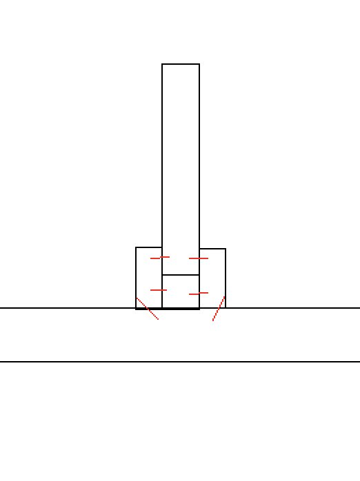 Enkel skiss av en vertikal regel med två horisontella förstärkningsbitar markerade med rött för spik/skruv.