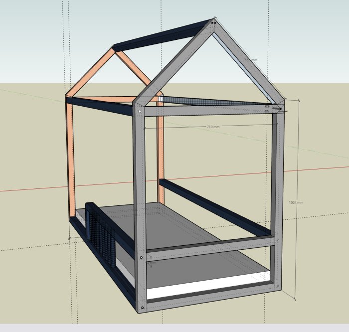 3D-modell av en demonterbar hussäng med måttangivelser, visar konstruktionsdetaljer.