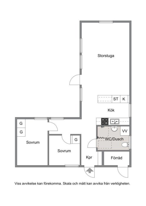 Planritning av ett L-format fritidshus med två sovrum, kök, vardagsrum och badrum, möjlighet till utbyggnad markerad.