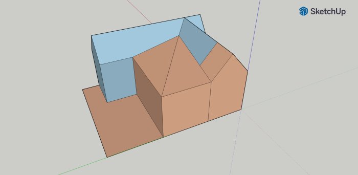 3D-modell av ett L-format fritidshus med planerad utbyggnad och takkonstruktion.