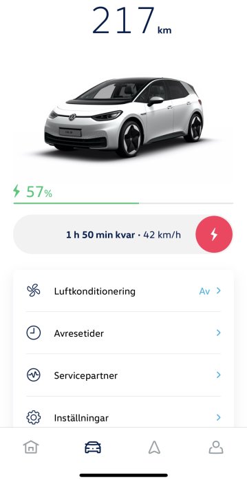 Skärmdump från app visar VW ID.3 laddstatus med 217 km räckvidd, 57% batteri och laddtid.