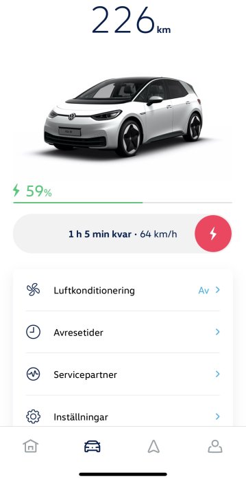 Skärmdump av laddboxens app visar en VW ID.3 som laddar, med 226 km kvar och 59% batteri.