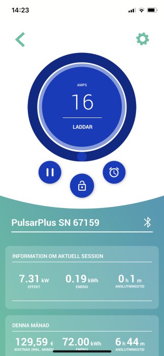 Skärmdump av laddboxens app visar att en VW ID.3 laddar med 16A, med en effekt på 7.31 kW.