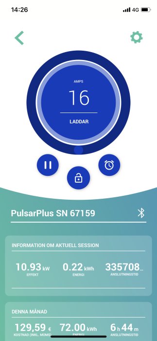 Skärmdump av laddboxens app med 16A strömflöde och laddningsdata såsom effekt och förbrukad energi.