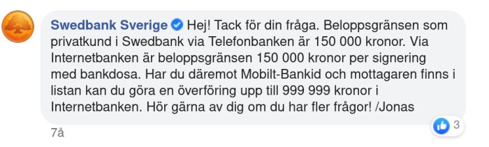 Skärmdump från Swedbank Sverige som beskriver gränser för överföringar med olika inloggningssätt.