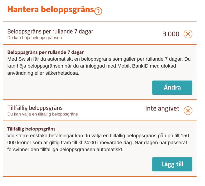 Skärmbild av bankgränssnitt för hantering av beloppsgränser med en veckogräns på 3000 och en tillfällig gräns som inte är angiven.