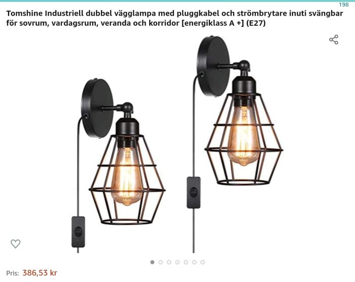 Industriella dubbla vägglampor med svart metallbur och synlig glödlampa, utrustade med strömbrytare på kabel.