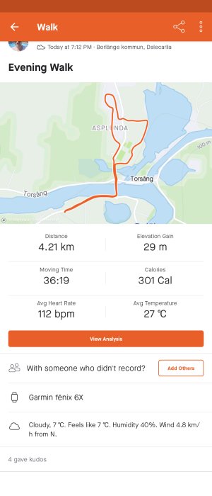 Skärmdump av en kartapp som visar en 4.21 km lång promenadrutt med statistik som höjdskillnad, tid, hjärtfrekvens och kaloriförbränning.