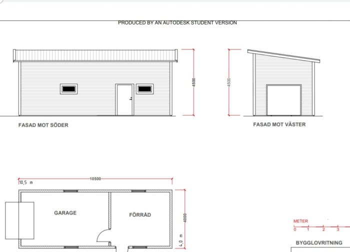 Ritningar på en byggnad med texten 'FASAD MOT SÖDER' och 'FASAD MOT VÄSTER', samt en planlösning för en garage- och förrådsdel.