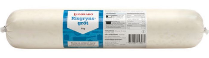 Förpackning med 1 kg Eldorado Risgrynsgrot med blå etikett visande produktnamn och streckkod.