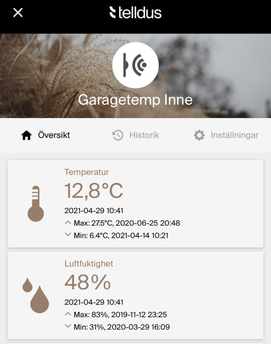 Skärmdump av en Tellus-app som visar temperatur och luftfuktighet i ett garage i Stockholm.