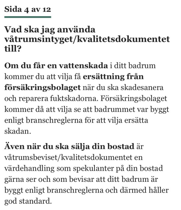 Skärmdump av en webbsida med text om vikten av att ha ett våtrumsintyg för badrum, relaterat till vattenskador och försäljning av bostad.