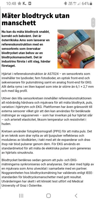 En person håller en smartphone visar en app med hälsodata, inklusive EKG och pulskurvor.