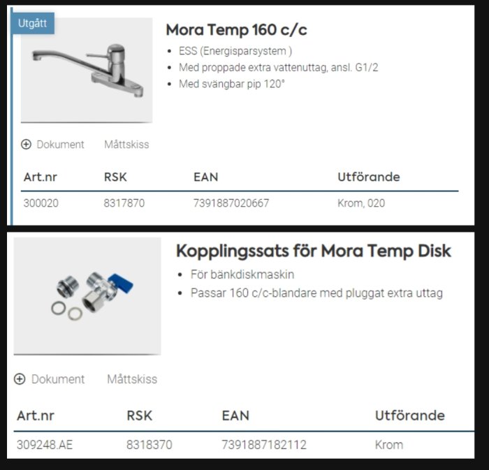 Produktblad för Mora Temp 160 köksblandare och kopplingssats för anslutning till bänkdiskmaskin.