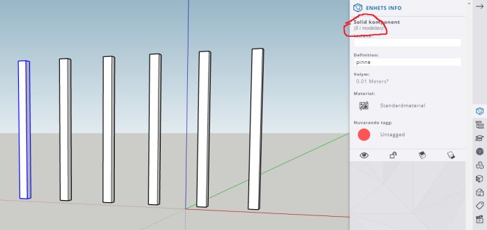 Skärmdump av 3D-modelleringsprogram visar flera vertikala linjer och meny för enhetsinfo med 'Solid komponent'.