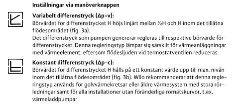 Textdokument med instruktioner för justering av variabelt och konstant differenstryck för en värmesystempump.