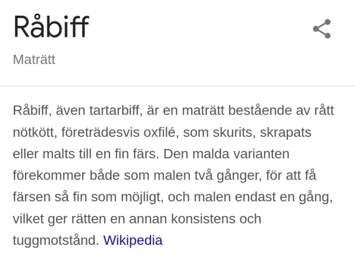 Skärmdump av Wikipedia-artikel om Råbiff med beskrivning av rätten.