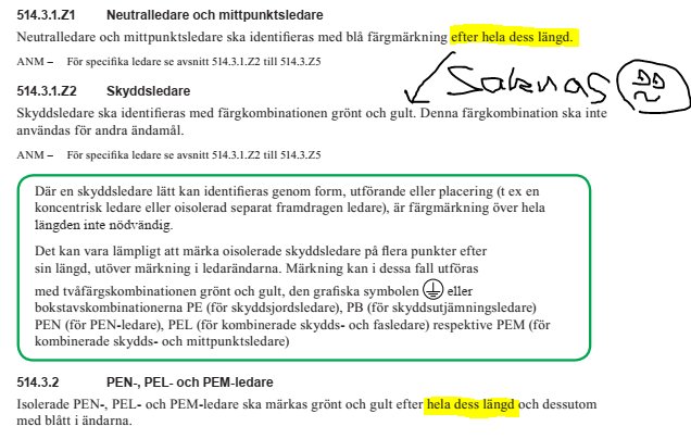 Skärmdump av en svensk text om elektriska installationsregler med markeringar och en handritad smiley.