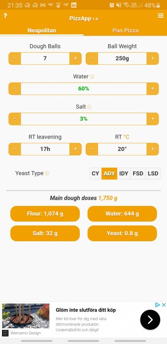 Skärmdump av pizzadegsrecept i app med ingredienser och proportioner för degbollar och jästyp.