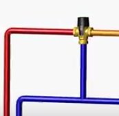 Schematisk bild av LK Hydromix blandningsventil med röda och blåa rör för varmt respektive kallt vatten.