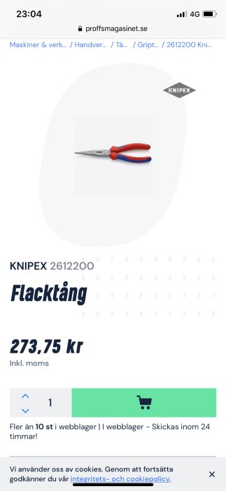 KNIPES 2612200 Flacktång för 273,75 kr visas på ett onlineköpsida.