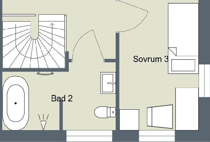 Planritning av ett badrum med beteckningar för våtzoner och en potentiell skärmvägg för fönster.