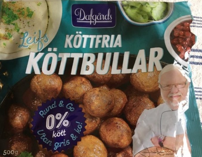 Förpackning av "Leifs Köttfria Köttbullar" med bild på Leif Mannerström, grönsaker och text.
