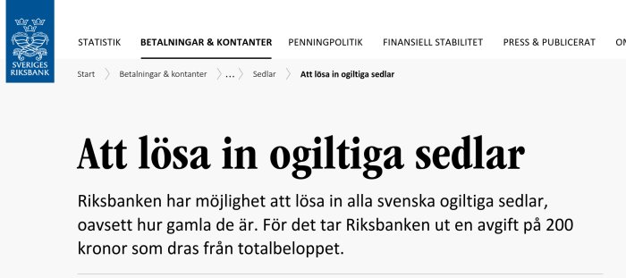 Riksbankens webbsida om att lösa in ogiltiga svenska sedlar, med informationstext och meny.