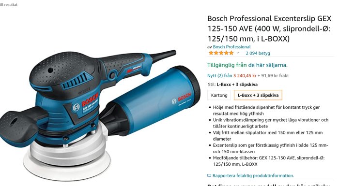Blå Bosch Professional Excenterslipmaskin med slipplatta och L-BOXX förvaringslösning, premiumverktyg för sliphöjning.