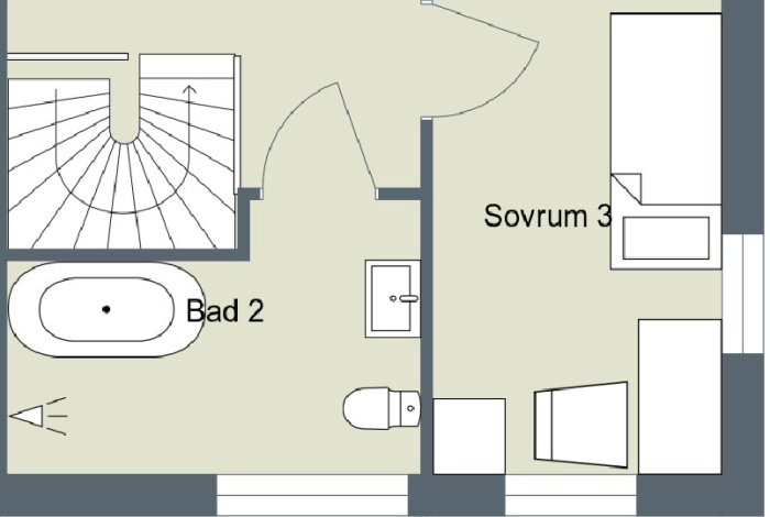 Ritning av ett badrum med badkar och separat dusch intill sovrum.