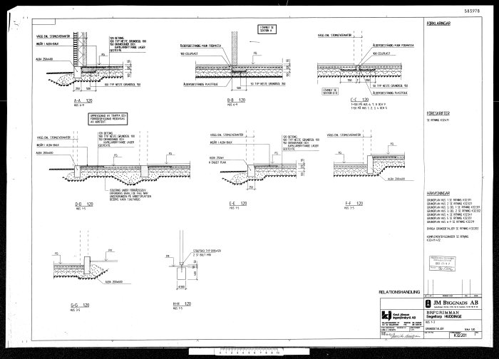 Tekniska ritningar av olika byggkonstruktionsdetaljer med måttangivelser och beskrivningar på svenska.