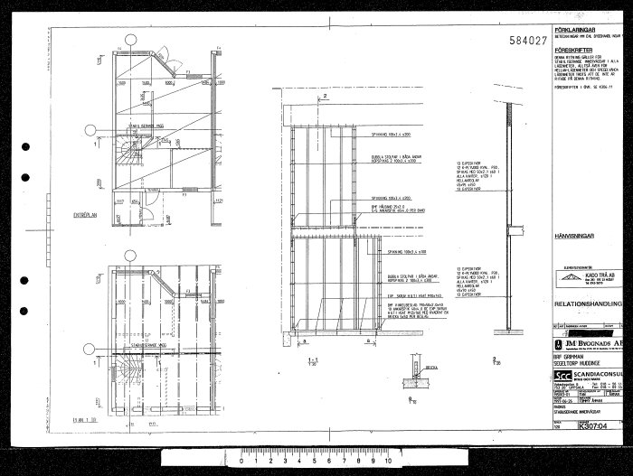 Arkitektonisk ritning av en byggnadsplan med mått och anvisningar, sannolikt för renovering.