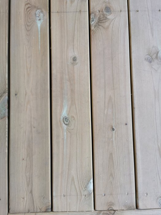 Ett nylagt trädäck med våta träbrädor som visar varierande springor mellan plankorna efter torkning.