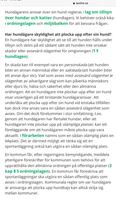 Skärmdump av en webbsida med text om hundägares ansvar att plocka upp efter sina hundar enligt svensk lag.
