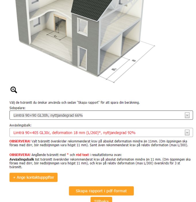 3D-modell av en tvåvåningsbyggnad med beskrivande text om byggkalkyl.